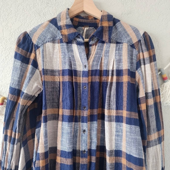 Free People Preppy In Plaid Oversize High Low Flowy Button Down Top Academia XS - Picture 3 of 12